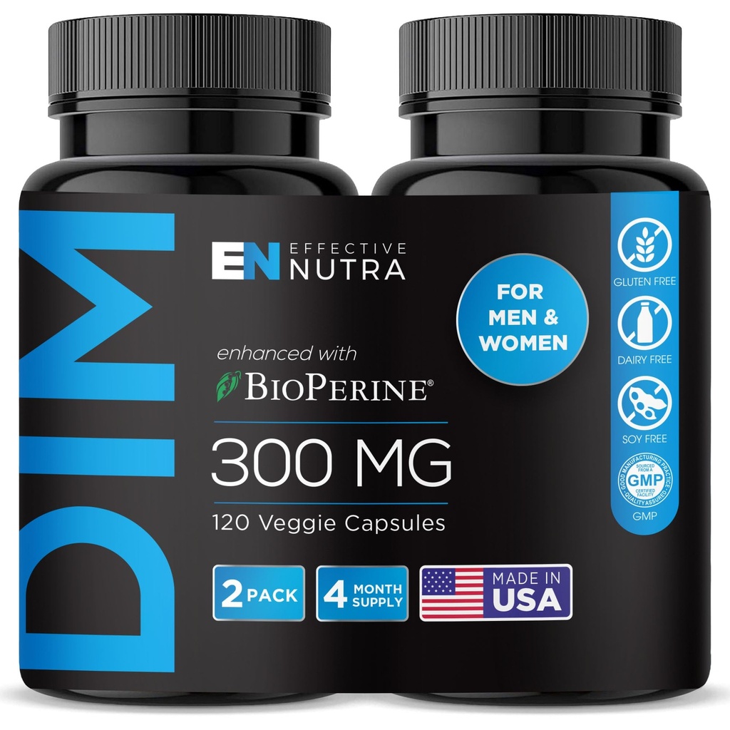 EFFECTIVE NUTRA Dim Supplement 300mg med BioPerine - Extra Strength Östrogen Blocker för Män & Kvinnor - Hormon & Metabolism Support - 4 månaders leverans