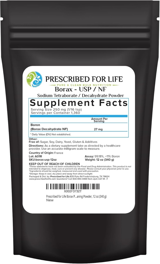 Förskrivet för Life Borax Powder, Pure USP NF Grade All Natural Sodium Borate Powder, Hushållstvätt Booster, Slime Activator & Multipurpose Cleaning Powder (12oz / 340g)