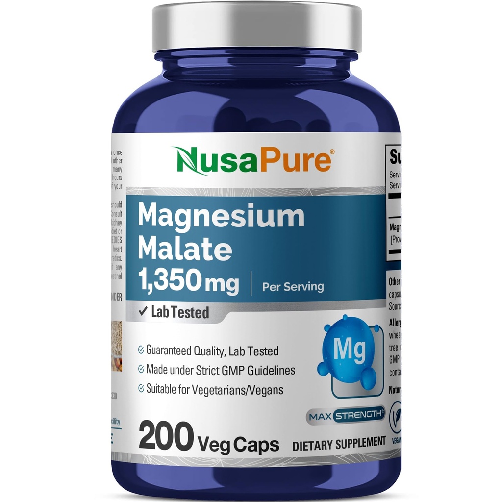 NusaPure Magnesiummalate 1350mg 200 Kasviskapselit (Vegaani, ei-GMO, Vegan)