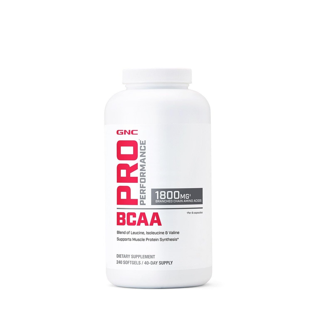 GNC Pro Performance BCAA 1.8g, 3rd Party Tested Supplement for Men & Women, Branched Chain Amino Acids, Essential Amino Acids stöder Muscle Protein Synthesis, 240 Softgels, 40 SVG