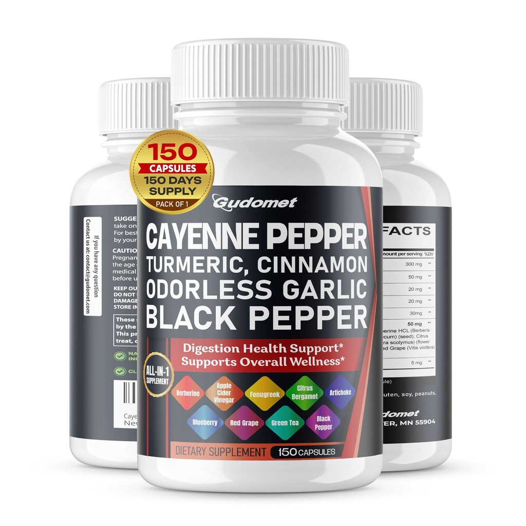 Cayenne Pepper Turmeric Odorless Valkosipuli Cinnamon Sarviapila Citrus Bergamot Artisoke Blueberry Green Tea Black Pepper -150 kapselit- valmistettu USA
