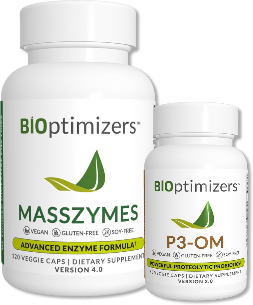 BiOptimizers - P3-OM ja MassZymes Bundle - Premium digestiivinen entsyymit ja probiootit naisille ja miehille - Doctor- Formulated (120 MassZymes kapselit, 60 P3-OM kapselit)