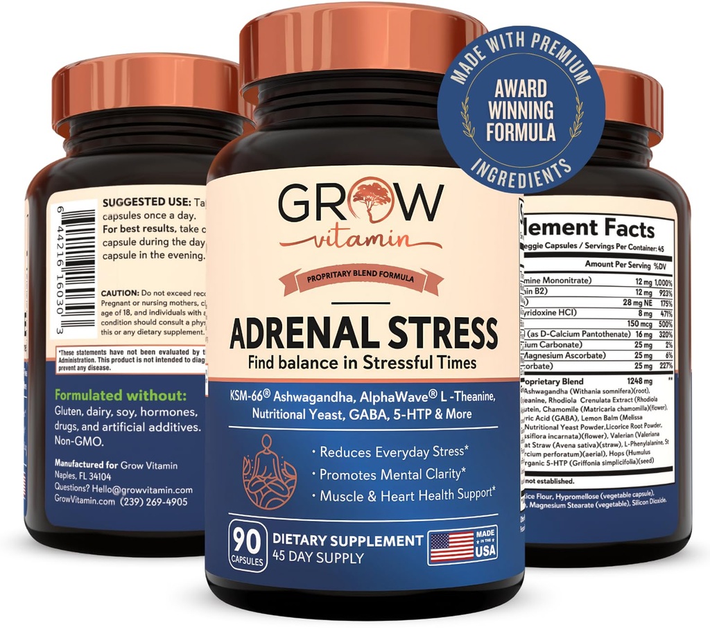 Kasvata vitamiini lisämunuaisten stressi Advanced Formula, Organic KSM-66 Ashwagandha AlphaWave L-Theanine, 5-HTP, Magnesium Blend - Arjen stressi helpotus, mielialan tuki, kognitiivinen, aivojen terveys, 90 kapselia