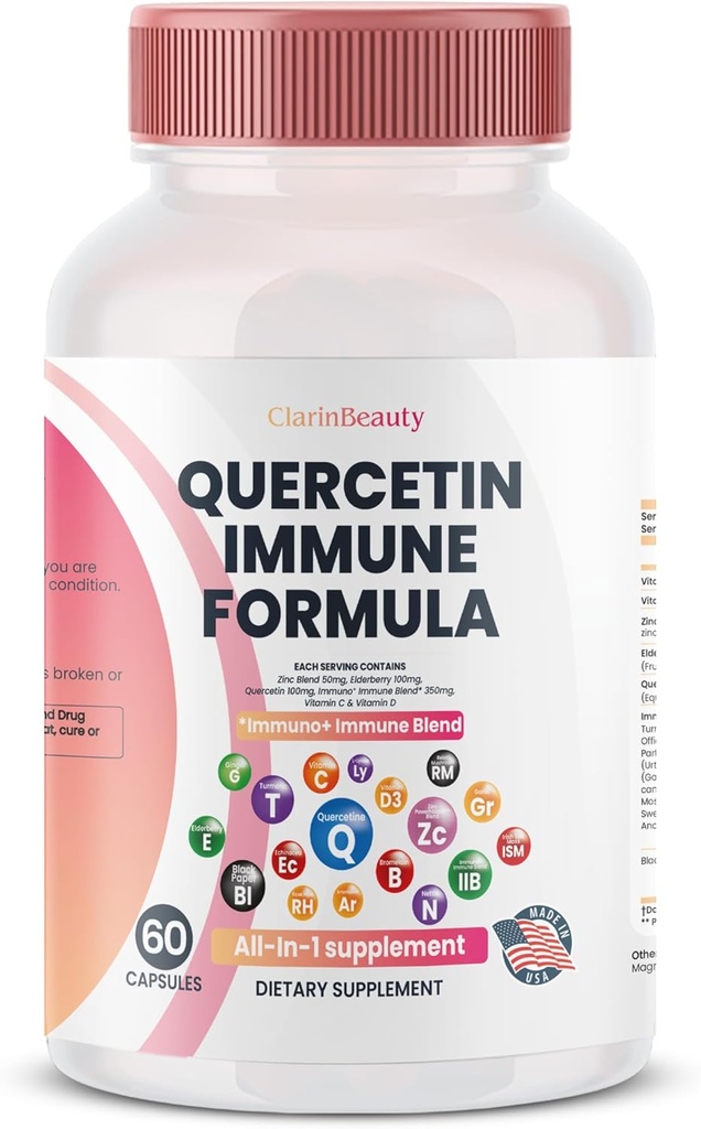 ClarinBeauty Quercetin 1000 mg Sinkki 50 mg C-vitamiini 1000 mg D-vitamiini 5000 IU Bromelain Elderberry & 350 mg immuunipuolustustuen täydennysosa Rikastettu Artemisiini, merisammakko, valkosipuli, echinacea