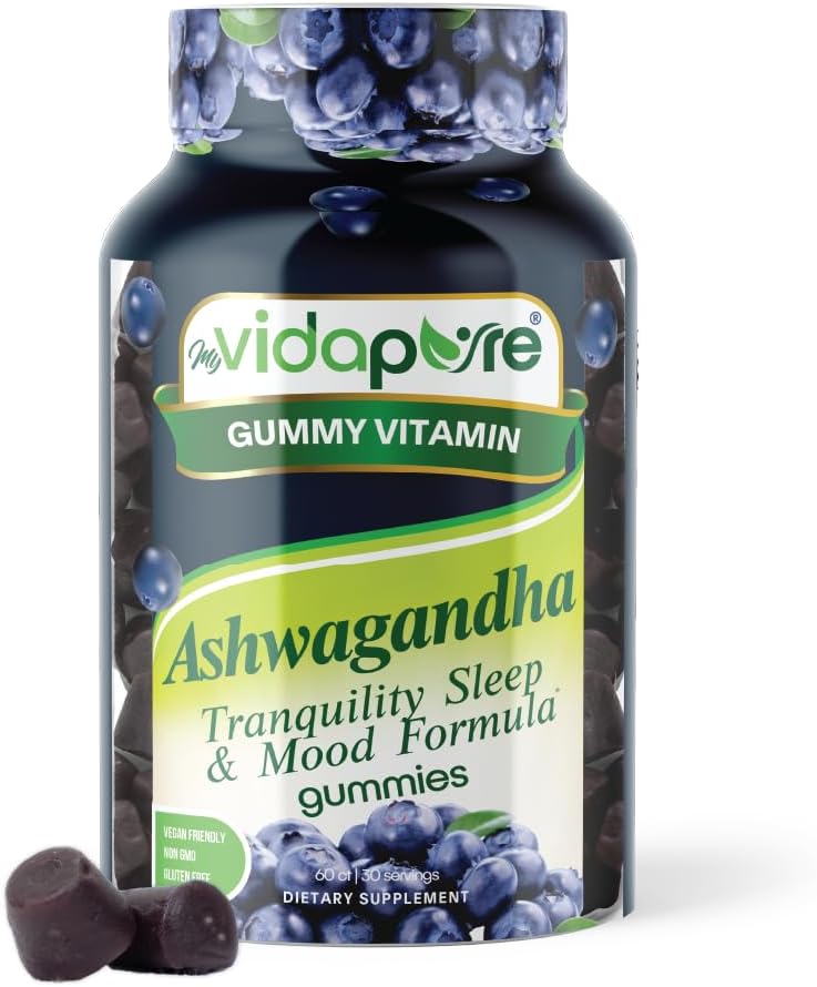 Ashwagandha Gummies, High Potency Ashwagandha Root Extract kanssa Magnesium Glycinate, Melatoniini, B6, Valerian Root, GABA, Passion kukka miesten ja naisten. 60 Count 30 annosta minunVidaPure