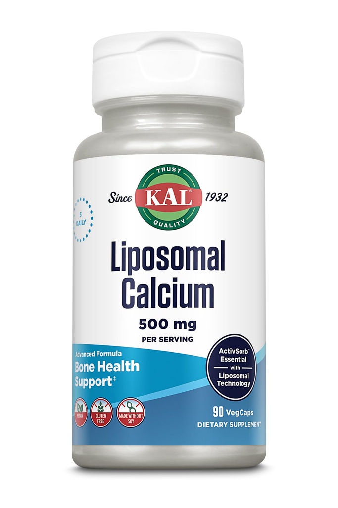 KAL Liposomal Calcium 500 mg, korkea imeytyvä kalsiumlisä, välttämätön kalsiumtuki, vegaaninen, gluteeniton, ei soijaa, 30 tarjoilua, 90 VegCaps