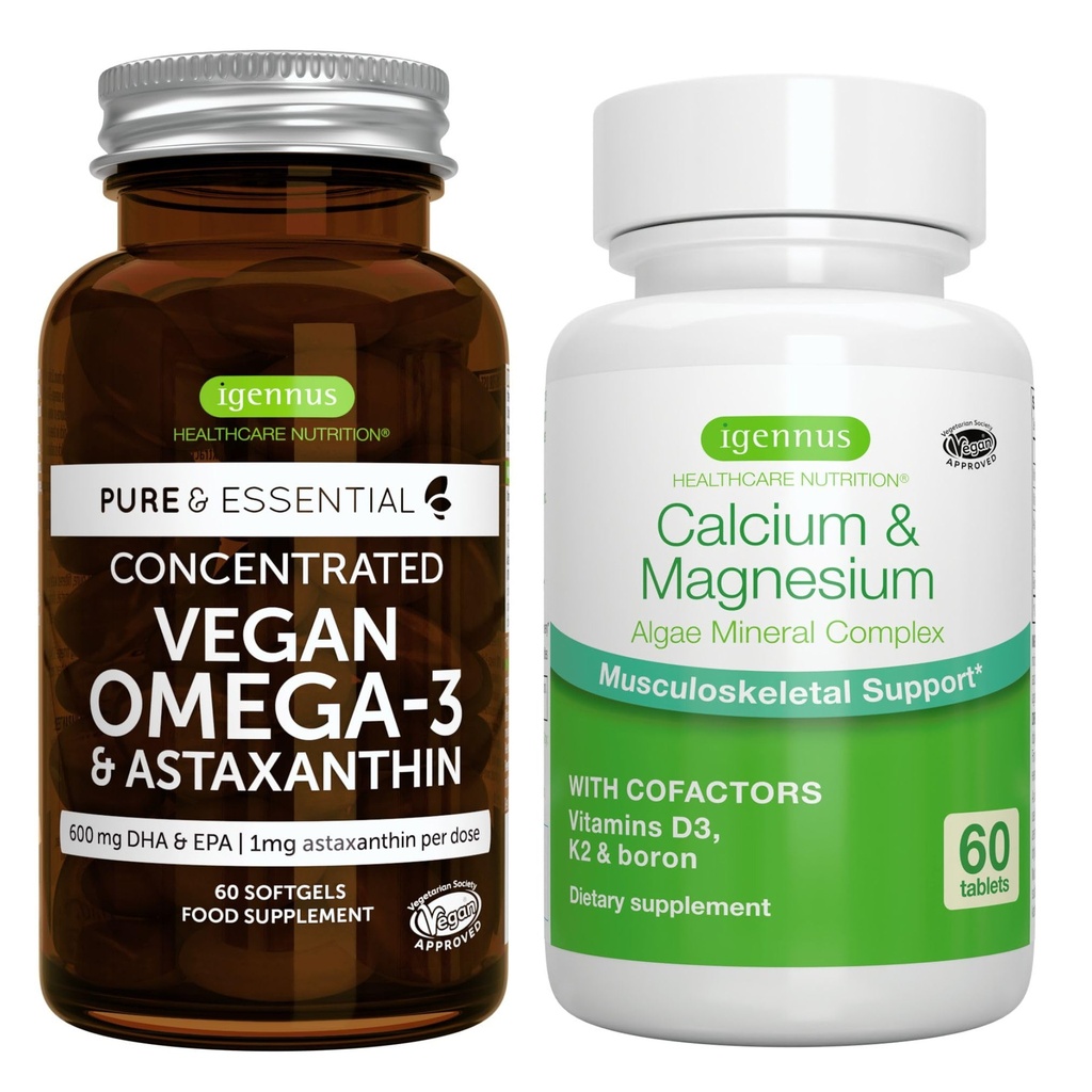 Vegan Omega-3 + Calcium & Magnesium Komplex Vegan Bundle, Hållbar EPA & DHA Algae Oil 1340mg + 2:1 Plant Based Algae Mineral Complex, av Igennus