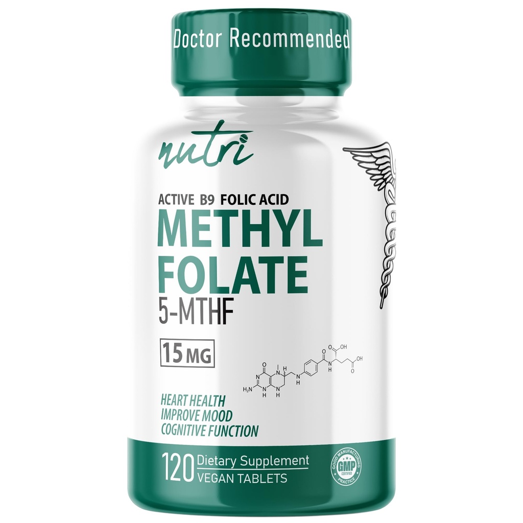 Nutri 5-MTHF L Methylfolate 15MG - 4 Month Supply, 120 Vegan tabletter - Methylated Folate Supplement - Kognitiv funktion, hjärthälsa, Prenatal Support - 3rd Party Tested - NSF Certified Facility
