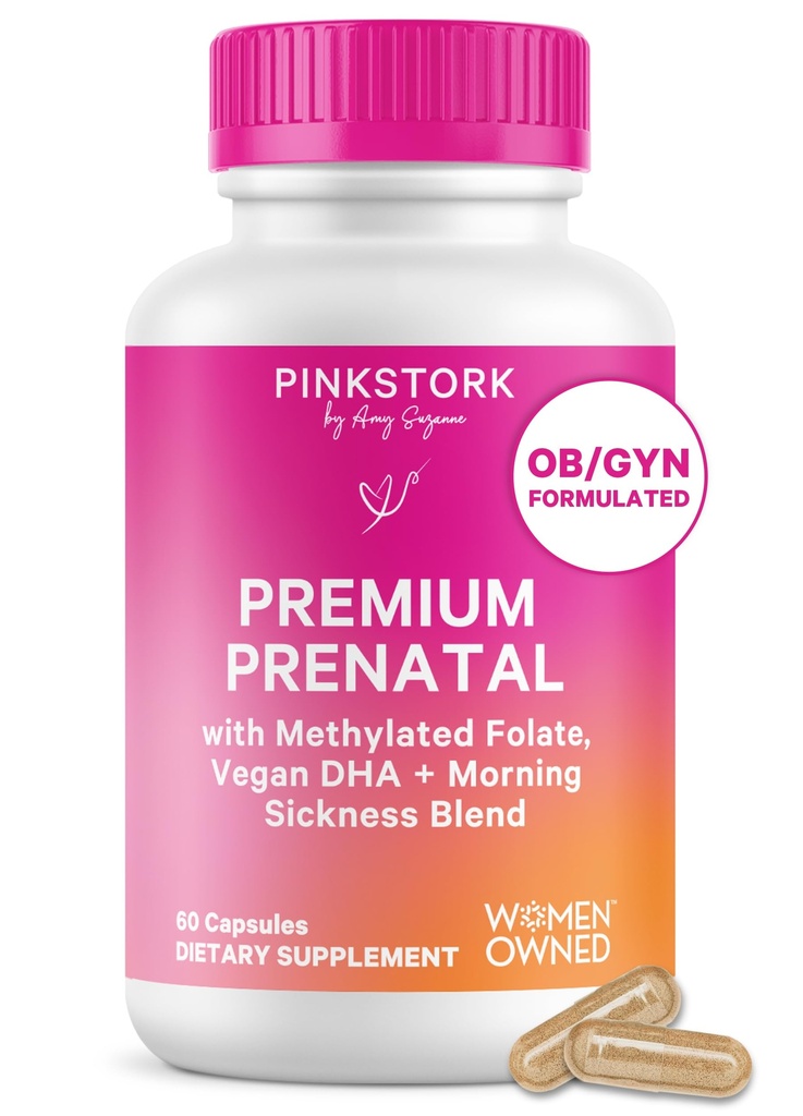 Pink Stork Premium Prenatal Vitamin för kvinnor - Organic Whole-Food Ingredients, Multivitamin & Probiotika - Morning Sickness, Digestion, & Energy - Folate, B6 & Iron - 60 kapslar