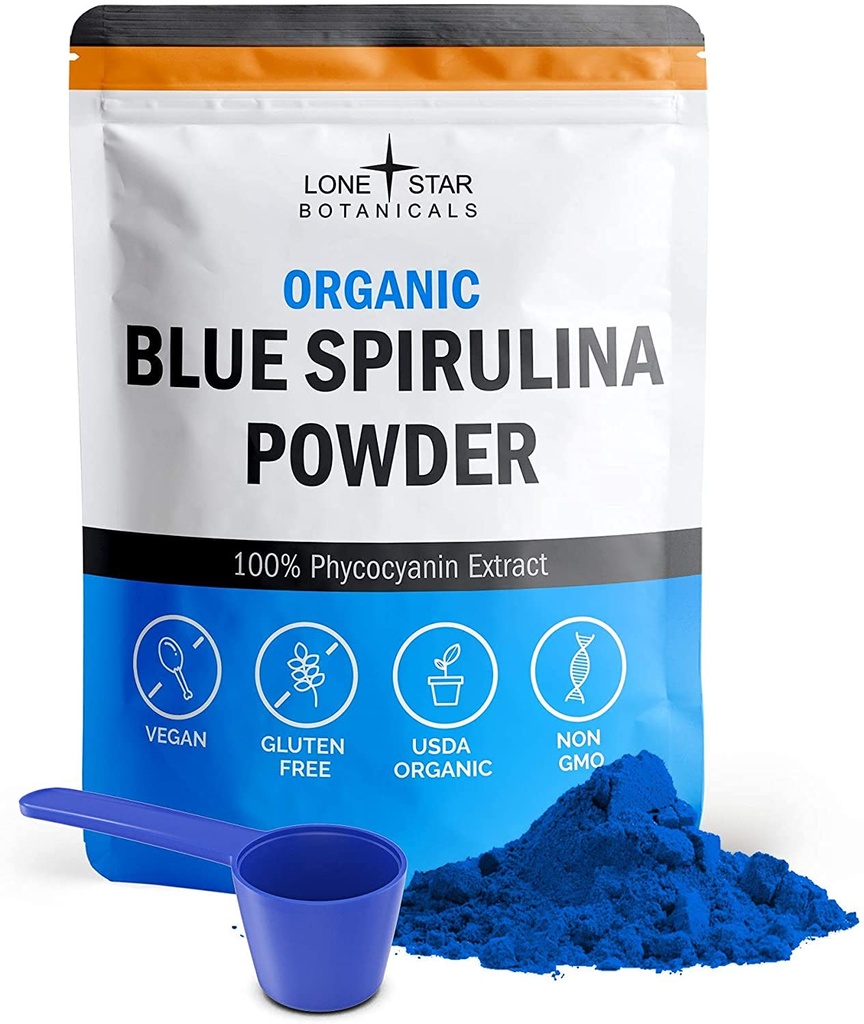 Lone Star Botanicals Organic Blue Spirulina Powder - 100% Pure Blue-Green Algae, No Fishy Smell, Vegan Superfood för Smoothies & Drinks, Non GMO, Gluten-Free, Vegan