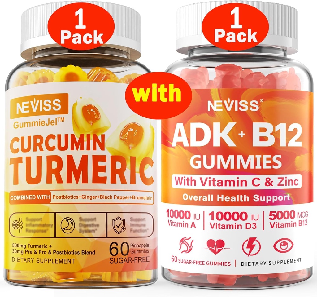 1Pack Turmeric Curcumin täytetyt Gummies + 1Pack vitamiini ADK kanssa B12 Gummies