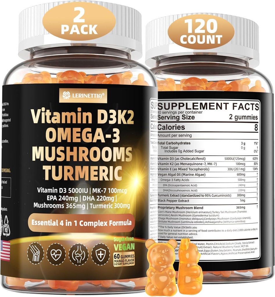D3-vitamiini 5000iu(125mcg) + K2-vitamiini [MK7) Gummies with Algae Omega 3 .