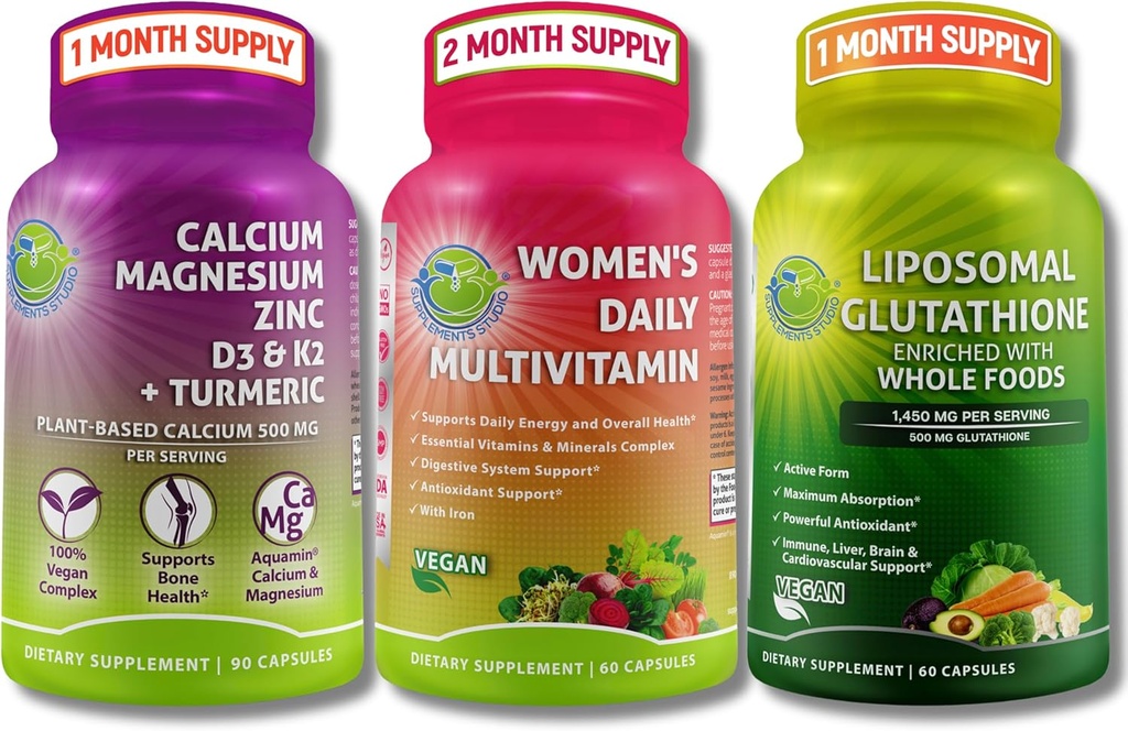 Vegan Bone & Immuunituki Bundle - Liposomal Glutatione 500 mg kanssa Organic Whole Foods + naisten päivittäin monivitamiini Iron & Plant-Based Kalsium, Magnesium, D3, K2, Sinkki ja Turmeric