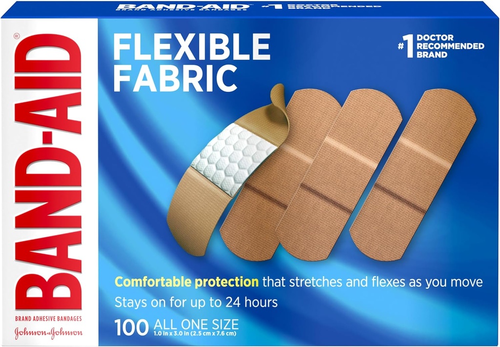 Band-Aid Brand Joustava Kangas Steriili liima siteet, mukava pehmennetty haavanhoito & suoja pienille haavoille, kravatit & Burns, ensiapu, Satuta ilmainen Mukavuustyyny, Yksi koko 1x3 In, 100