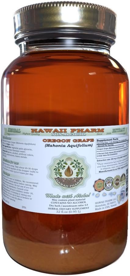 Hawaii Pharm Oregon Grape Alcohol-Free Liquid Extract, Oregon Grape (Mahonia aquifolium) Torkade Root Glycerite Natural Herbal Supplement, USA 32 fl.oz
