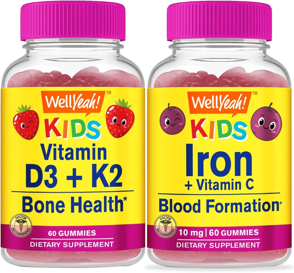 WellYeah Vitamin D3 + K2 Barn + Järn + Vitamin C Kids, Gummies Bundle - Stor smak, Vitamin Supplement, Gluten Free, GMO Free, Chewable Gummy