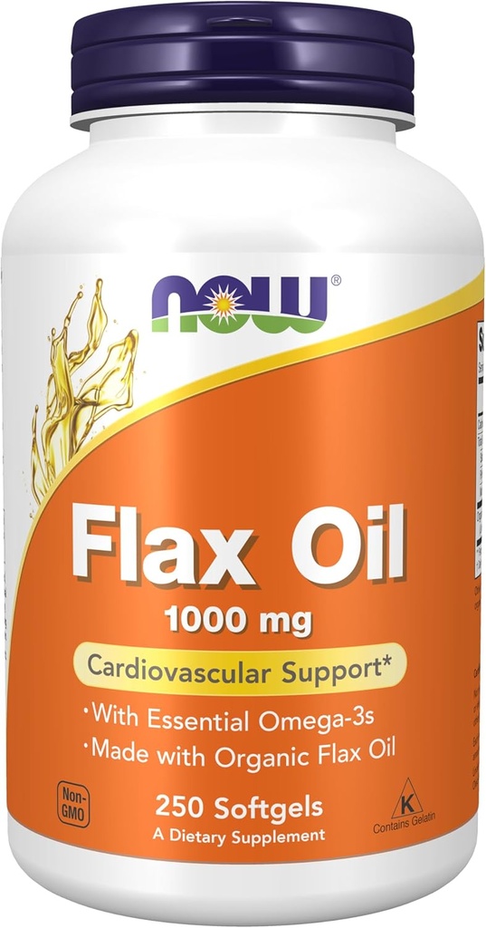Now Foods Lisäravinteet, Pellavaöljy 1000 mg valmistettu Luomupellavaöljy, Kardiovaskulaarinen tuki*, 250 Softgels