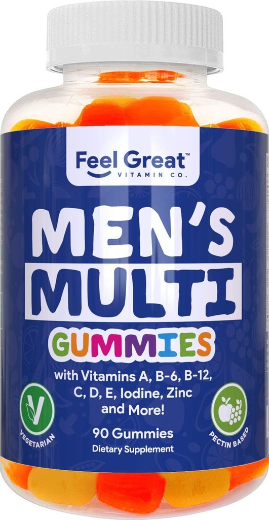 Känn Stor Vitamin Co. Mäns Multivitamin Gummies, Packad med vitamin A, B-6, B-12, Biotin, C, D3, E, jod, folsyra, Zink. Tillverkad i USA. 45 dagars leverans