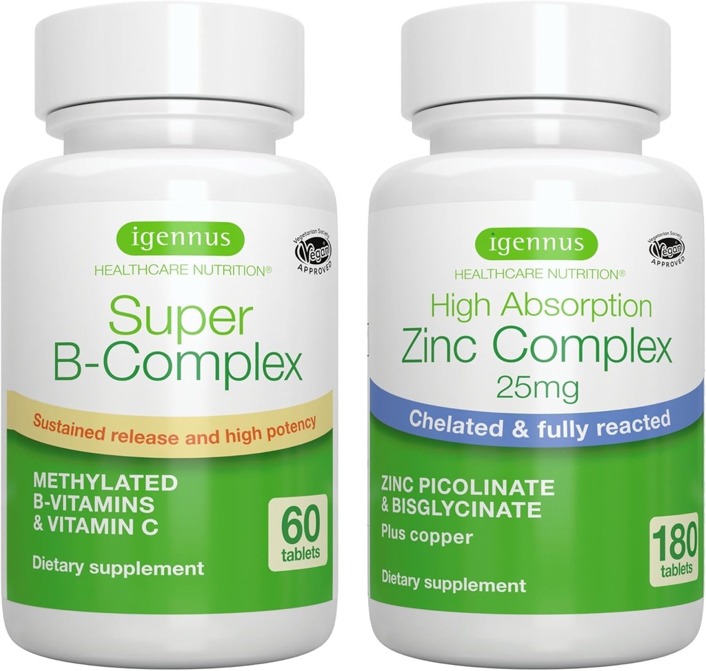 Super B-Complex + Sinkki Complex Vegan Bundle, Methylated Stained Release B Complex + 25 mg kelated Sinkki Picolinate & Bisglysinate kuparilla, Igennus