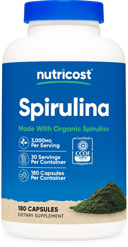 Nutricost Spirulina 3000mg, 180 kapselia 30 tarjoiluun - CCOF Certified Made with Organic Spirulina, Gluteeniton, kasvissyöjä