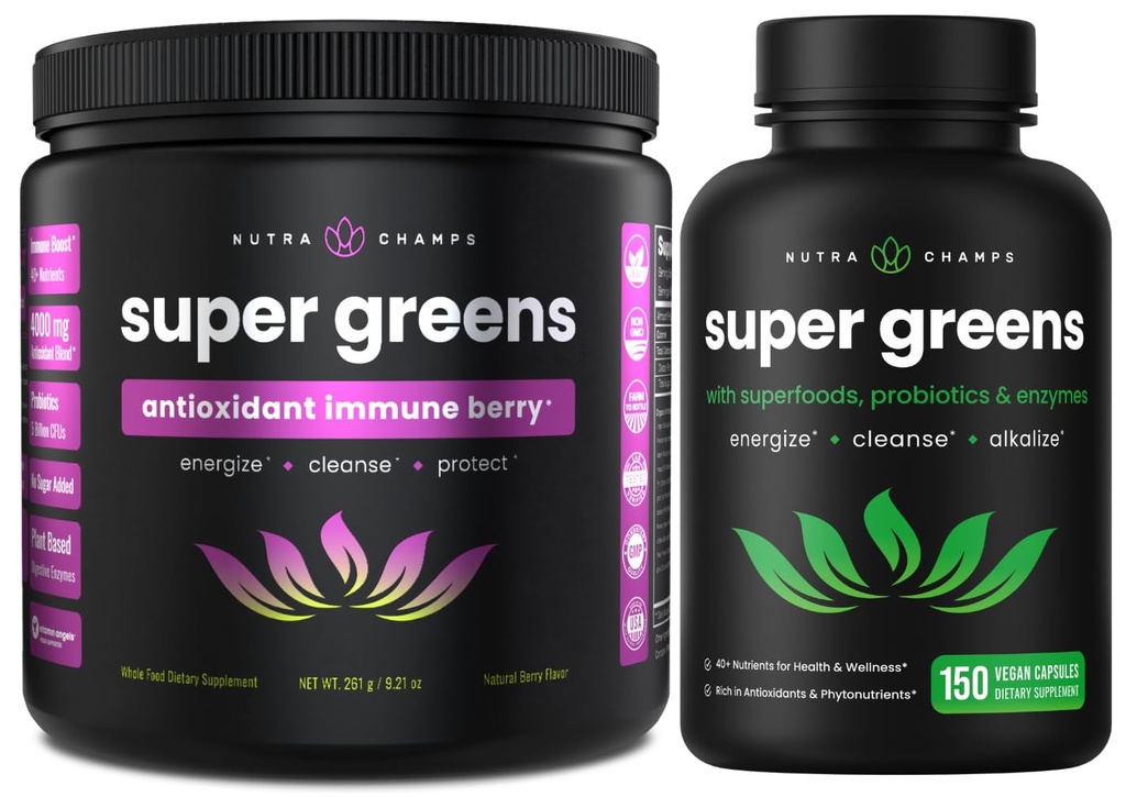 NutraChamps Super Greens Antioksidanttijauhe & Super Greens kapselit