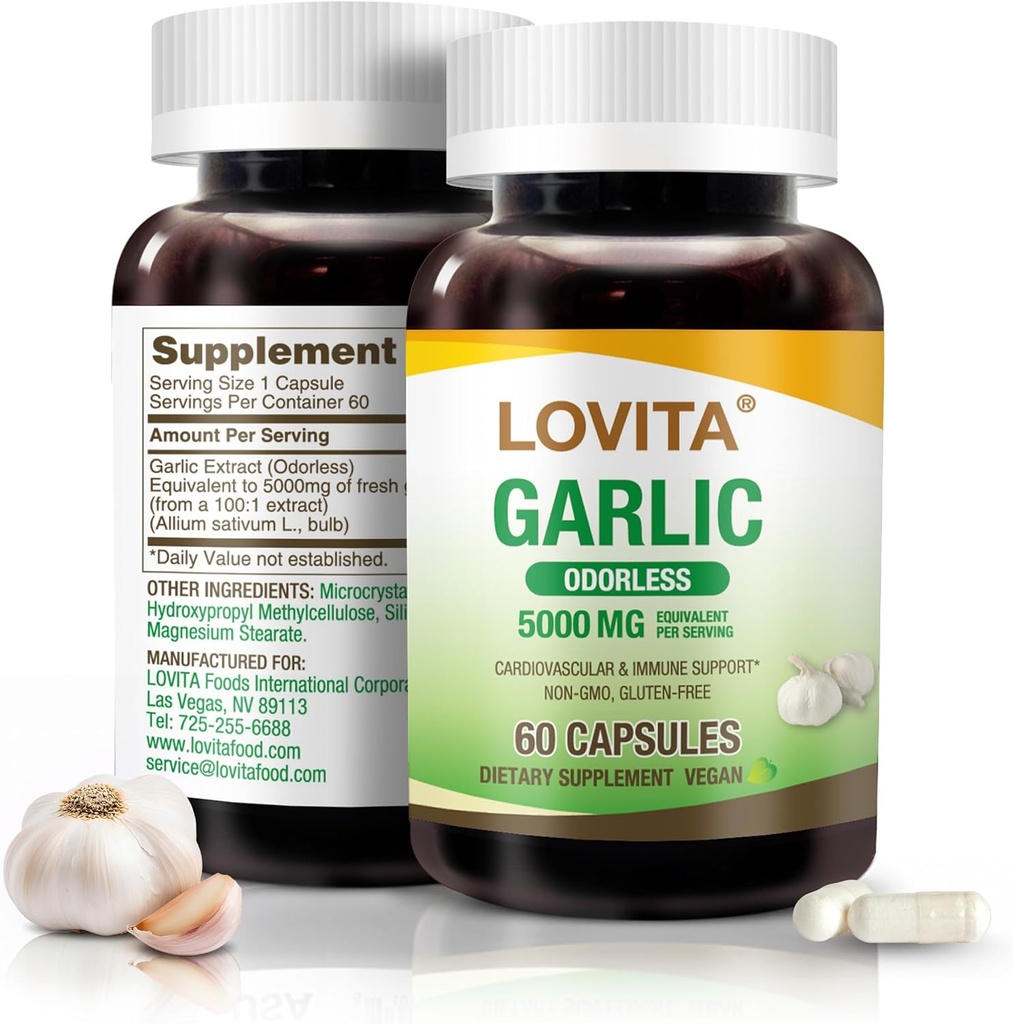 Lovita Odorless Garlic Capsules, 5000mg Fresh Garlic Equivalent, 1.25% Allicin Extract, stöder hjärta, blodtryck, kolesterol & immunsystem, icke-GMO, Gluten-Free, 60 Vegan Capsules