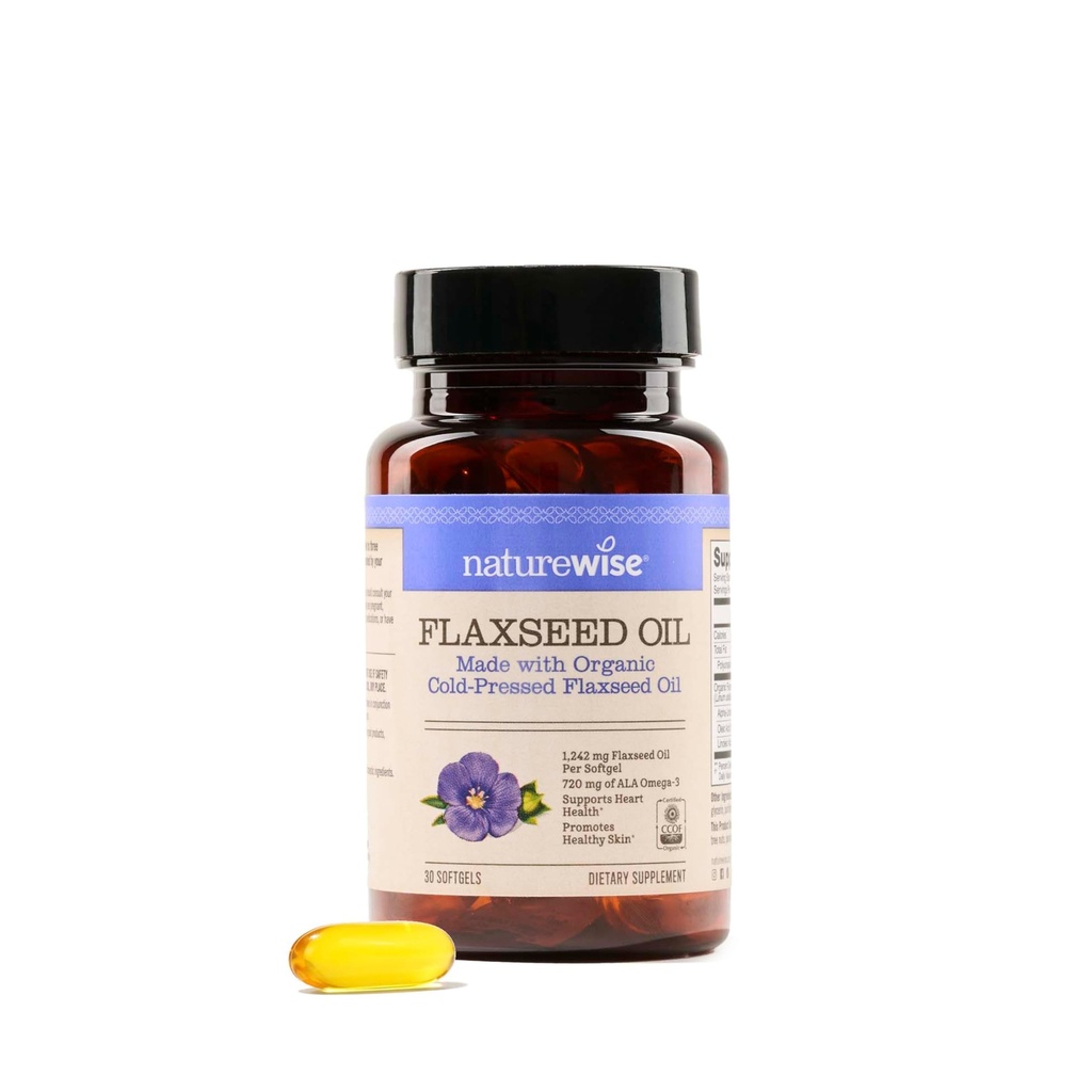 NatureWise Flaxseed Oil 1200 mg, Fish Free Omega 3 6 9 med 720mg ALA, Kosttillskott för hjärthälsostöd - Organisk, kallpressad, icke-GMO - 30 Softgels[1-månaders leverans]