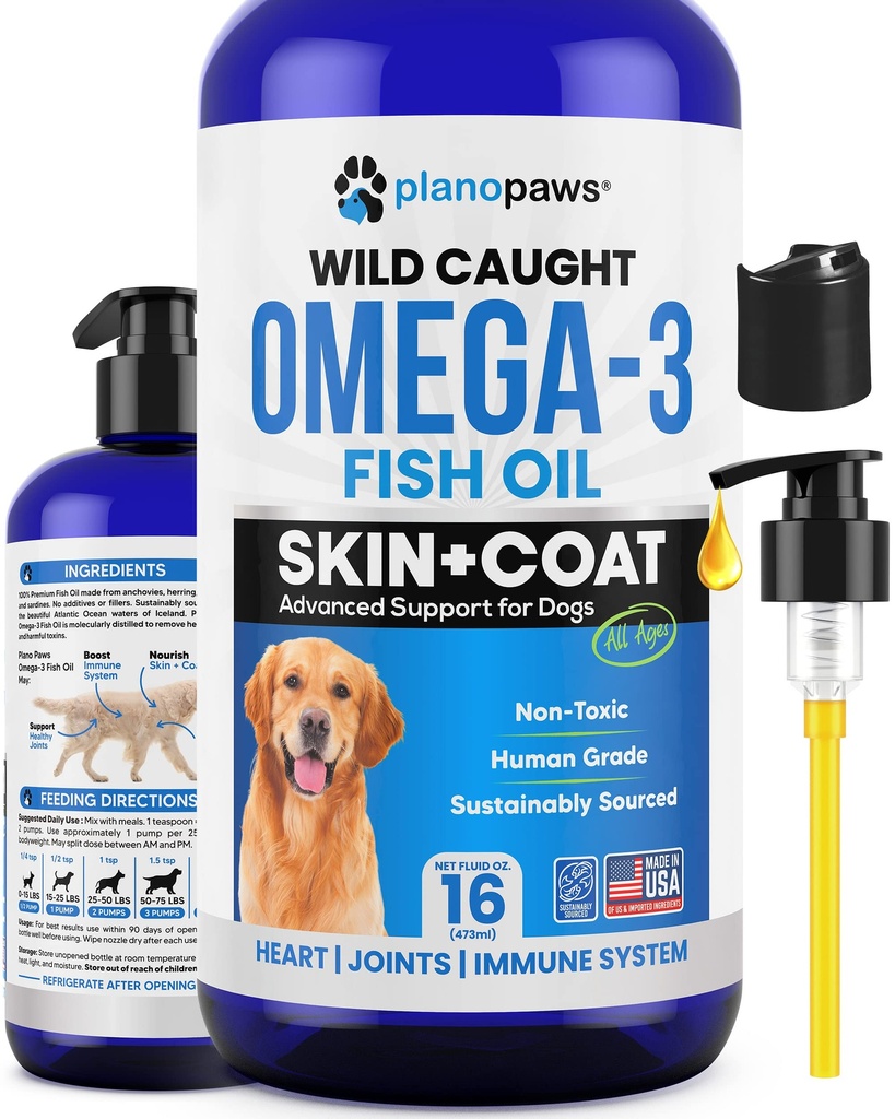 Omega 3 Fiskolja för hundar - Bättre än laxolja för hundar - Dog Fish Oil Supplement - Reduce Shedding & Itching - Stöder Joints, Brain, Heart Health-Dog Skin och Coat Supplement - Fish Oil Liquid