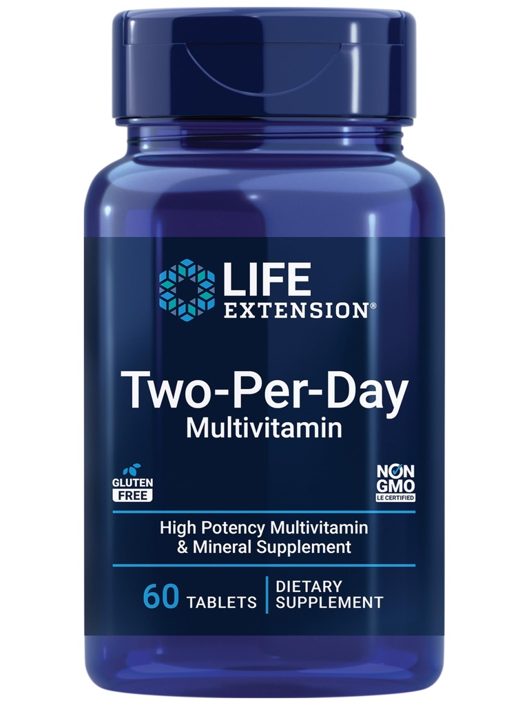 Life Extension Two-Per-Day Multivitamin - Daglig dos av vitaminer och mineraler för män och kvinnor - Komplett Essential Vitamin Supplement för energi, hälsa - Glutenfri - Icke-GMO - 60 tabletter