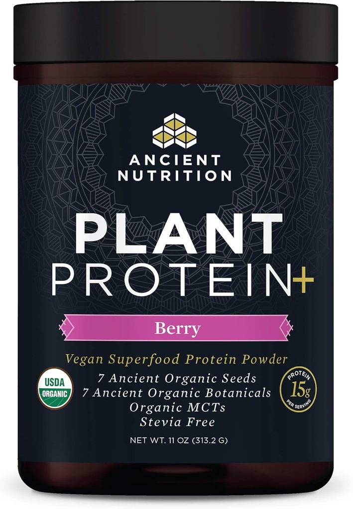 Ancient Nutrition Plant Based Protein Powder, Plant Protein+, Berry, Organic Vegan Superfoods Supplement, 15g Protein Per Serving, Great for Protein Shakes, Gluteeniton, Paleo Friendly 12 tarjoilua