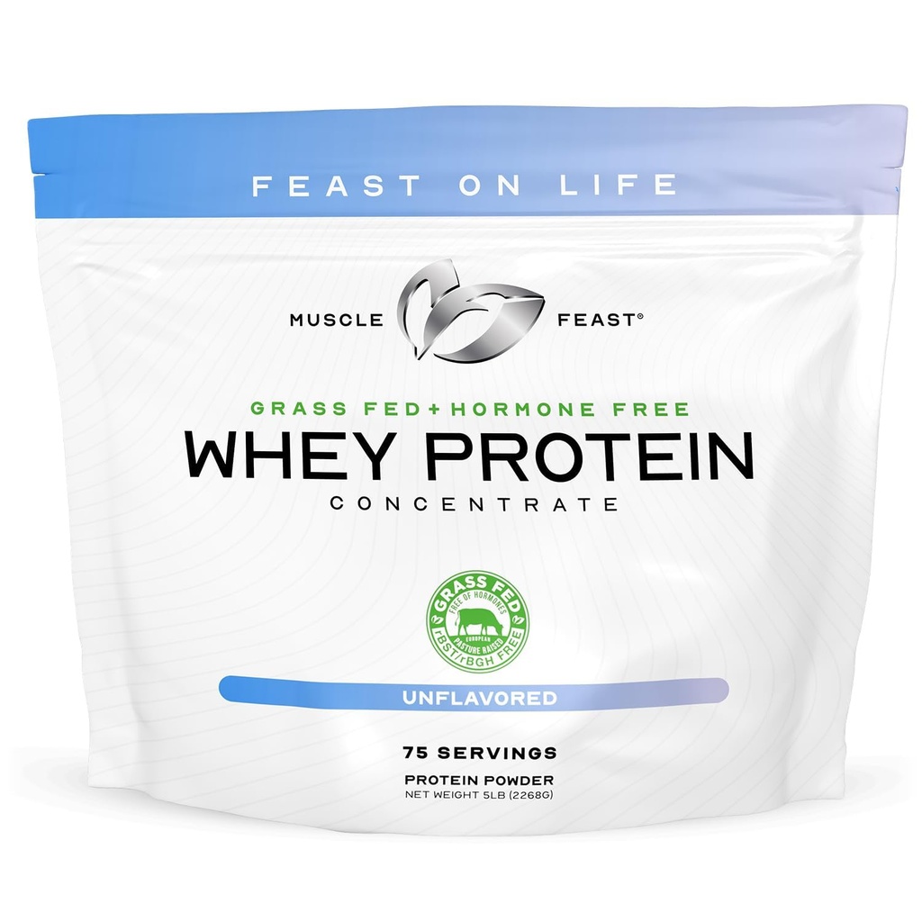 Muscle Feast Grass-Fed Whey Protein Concentrate Powder, All Natural, Hormone Free Pasture Raised Whey Protein Powder for Women & Men, Clean, Non-GMO & Gluten Free Whey Concentrate - Unmariored, 5lb