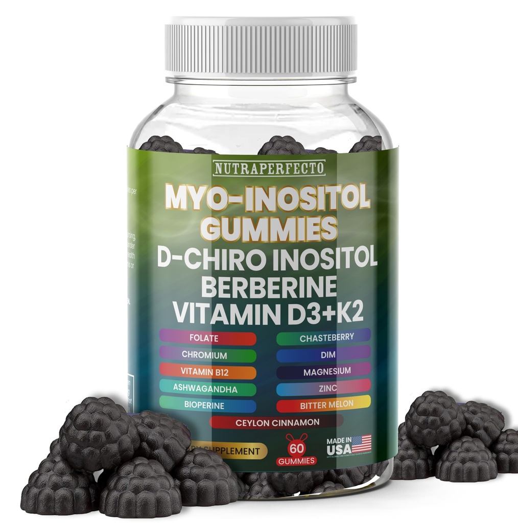 Sokeriton Myo-inositoli & D-Chiro Inositol Gummies for Women, berberiini D3 K2 DIM Magnesium Glycinate oksidi L-metyylifolaatti Supplement for Women, Hedelmällisyys, Hormonitasapaino, PMS, Munasarjaterveys