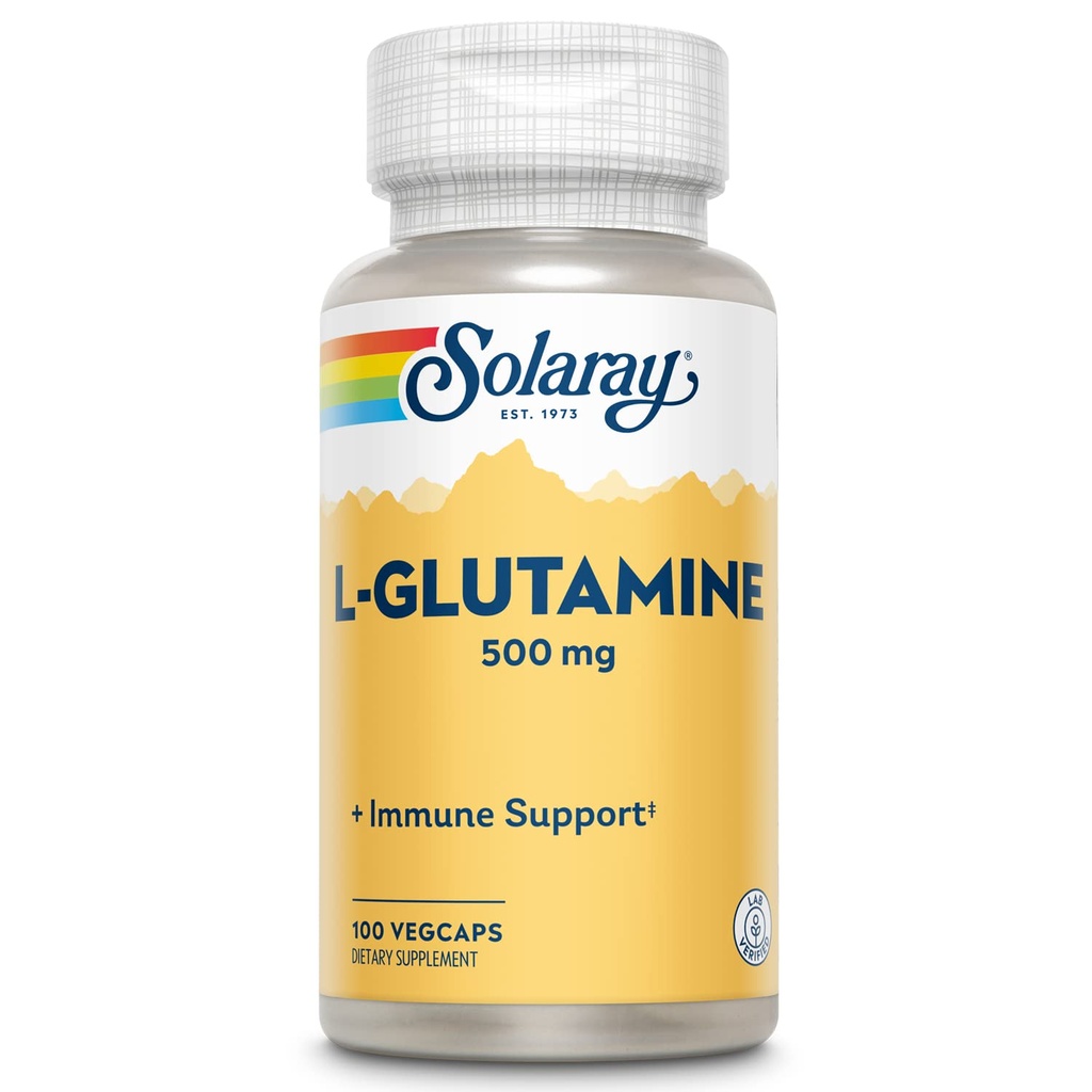 SOLARAY L Glutamin kapslar 500 mg - Immun Support Supplement - Gratis Aminosyra - Lab Verified, 60-dagars pengarna-tillbaka garanti - 100 portioner, 100 VegCaps