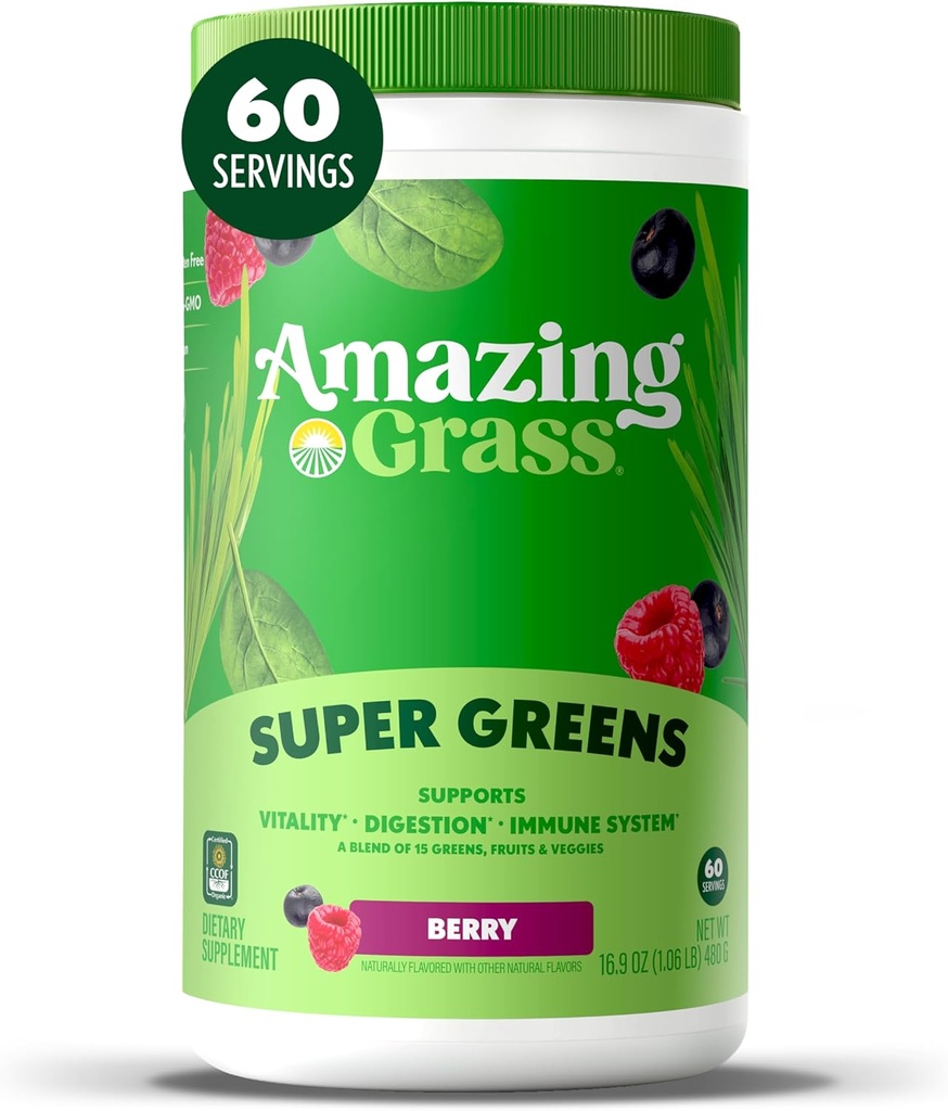 Amazing Grass Greens Blend Superfood: Super Greens Powder Smoothie Mix med Spirulina, Chlorella, Beet Root Powder, Digestive Enzymes & Probiotics, Berry, 60 Servings (Packaging May Vary)