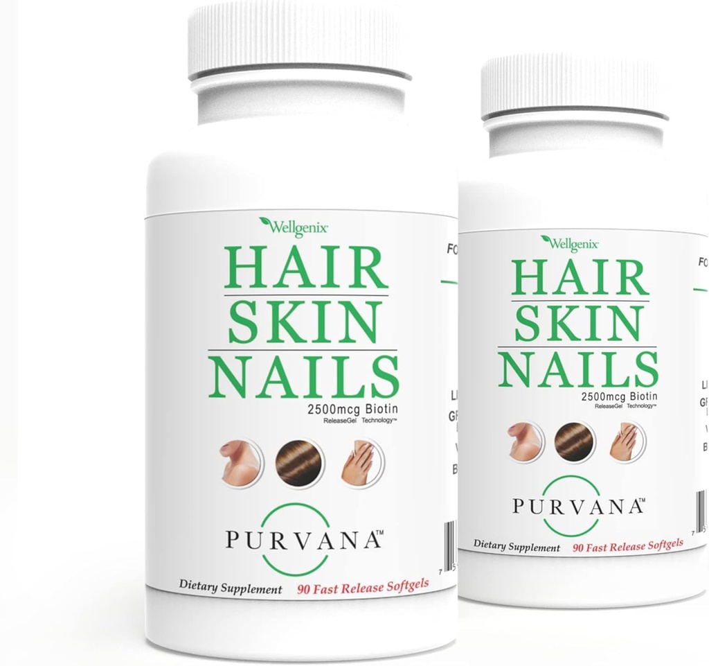 Wellgenix Purvana Hiukset, iho ja kynnet Softgel-vitamiinia korkeaa imeytymistä varten - Double Strength 2500mcg Biotin, VIT A & B (90 Count) 2 pakkaus