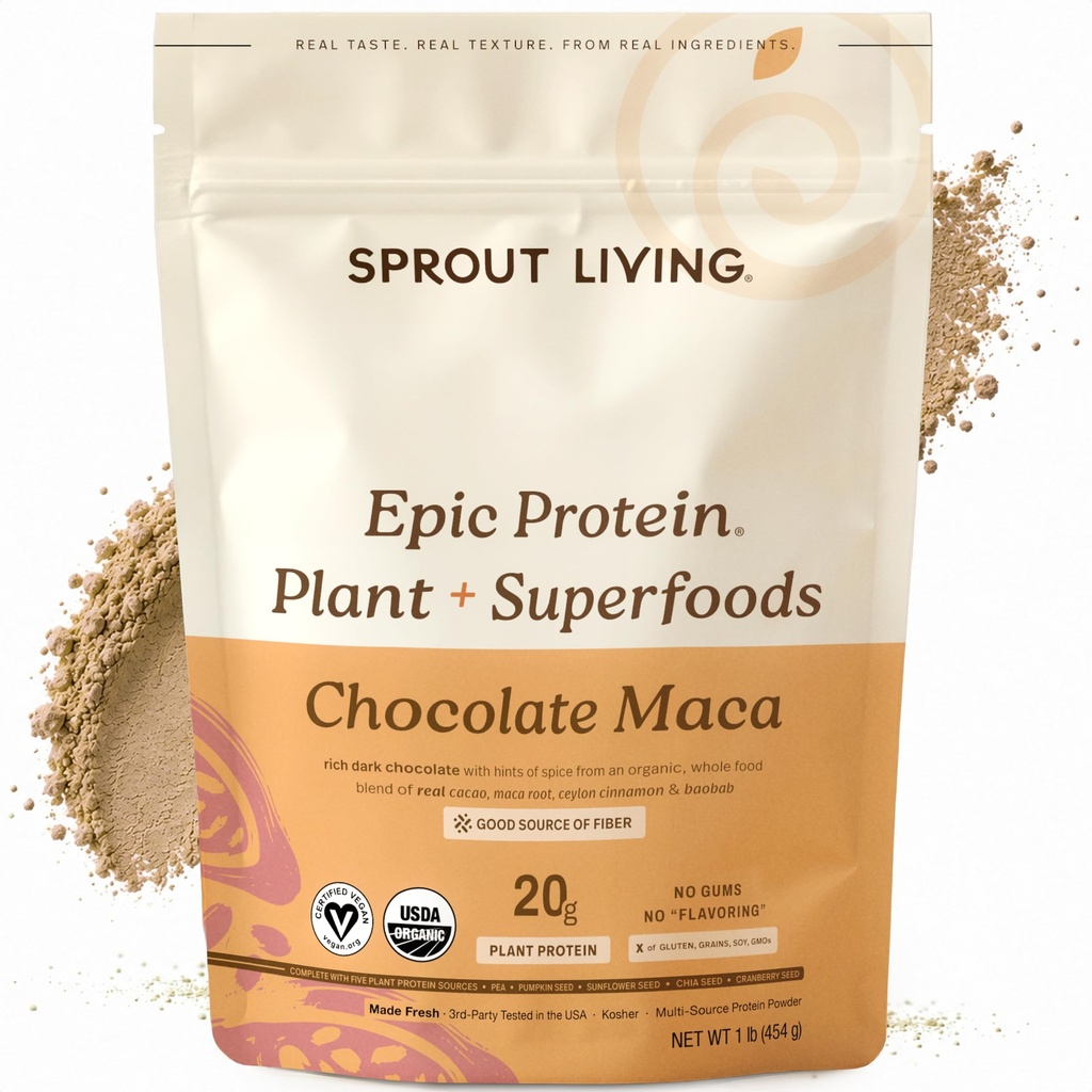 Sprout Living Epic Protein, Plant Based Protein & Superfoods Powder, Chocolate Maca Powder | 20 Grams Organic Protein Powder, Vegan, Non Dairy, Non-GMO, Gluten Free, Low Sugar (1 pund, 12 portioner)