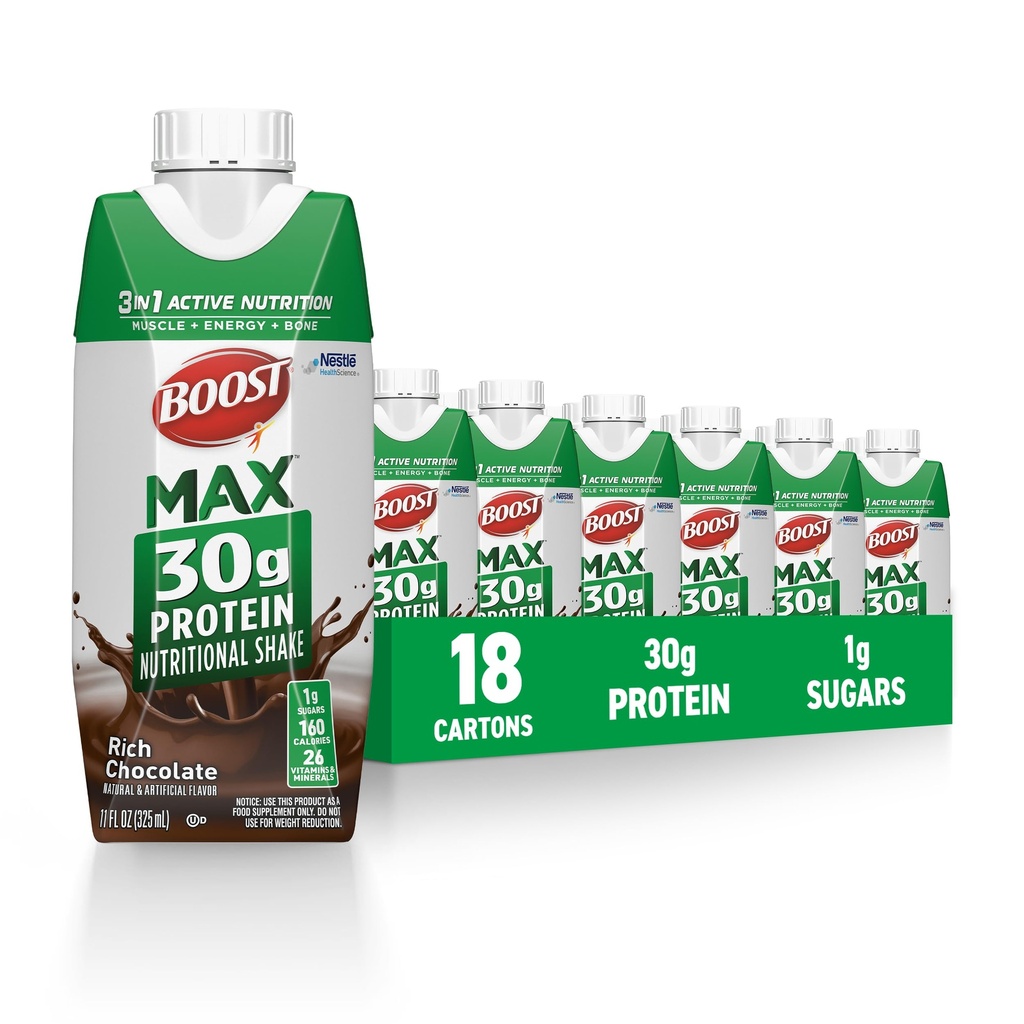 BOOST MAX Protein Shakes Redo att dricka - 30g High Protein Shake - Choklad | Näringsdrycker för att stödja muskelåterhämtning efter träning, 26 Vitaminer och mineraler, 1g Sugar, 11 fl oz (Pack av 18)