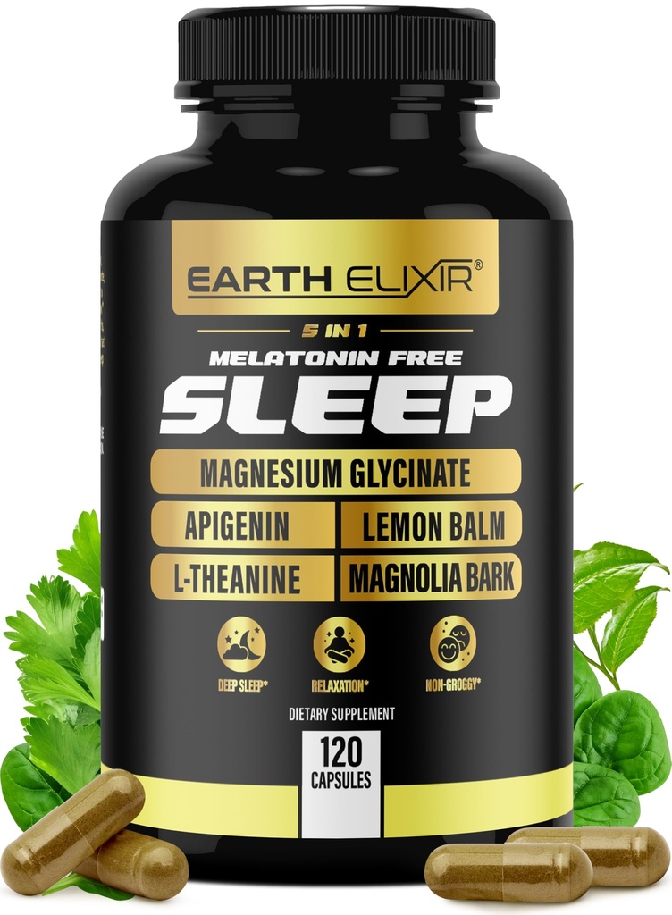 Earth Elixir 4-in-1 Sleep Aid (120 Caps) w / Apigenin 50mg, Magnesium Glycinate 200mg, L Theanine 200mg & Valerian Root för Sleep Aid 300mg | Apigenin Supplement för Sleep
