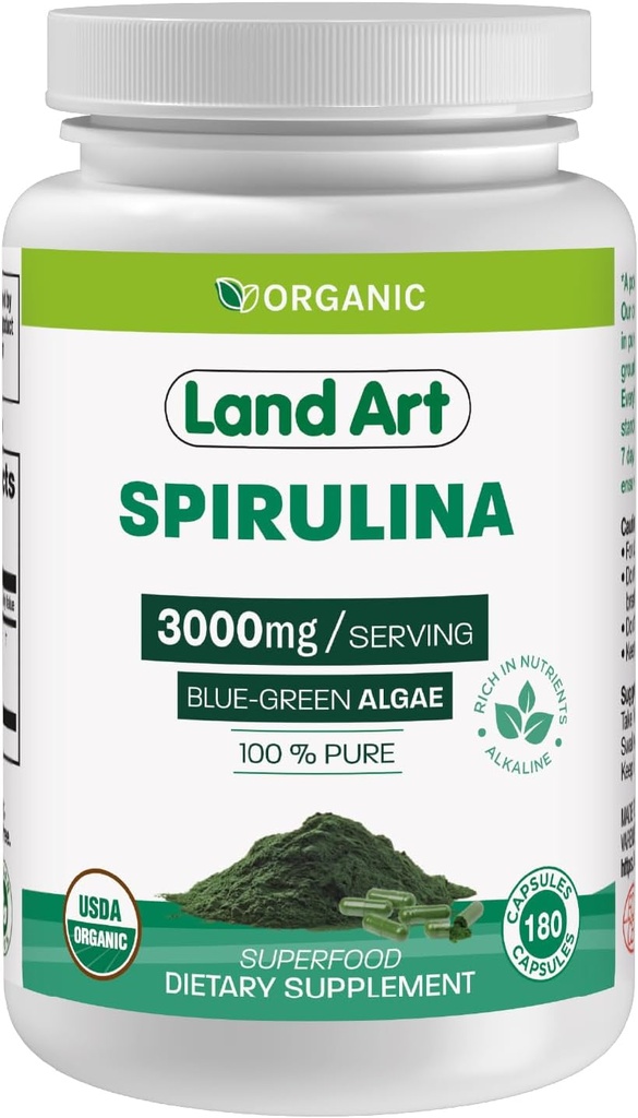 Land Art Certified Organic Spirulina - 180 kapslar - Superfood- Rich i mineraler, vitaminer och proteiner - Vegan
