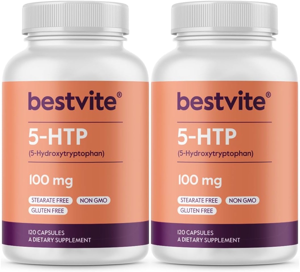 BESTVITE 5- HTP 100mg (240 kapselia) (120 x 2) - Ei stearaaatteja - Ei virtausta aiheuttavia aineita - ei muuntogeenisiä organismeja - Gluteeniton