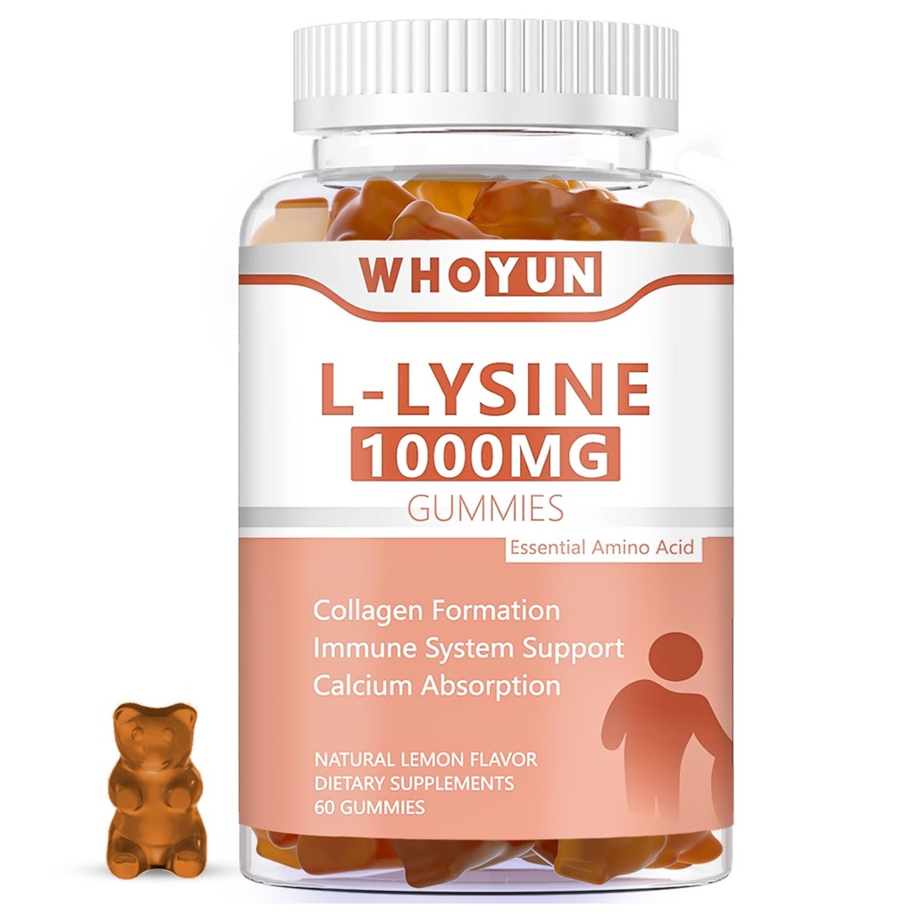 L-Lysine 1000mg Gummies, pureskeltava Lysiini täydentää aikuisille, Immuunituki, Collagen Formation Support, Lemon Flavor, 60 Count