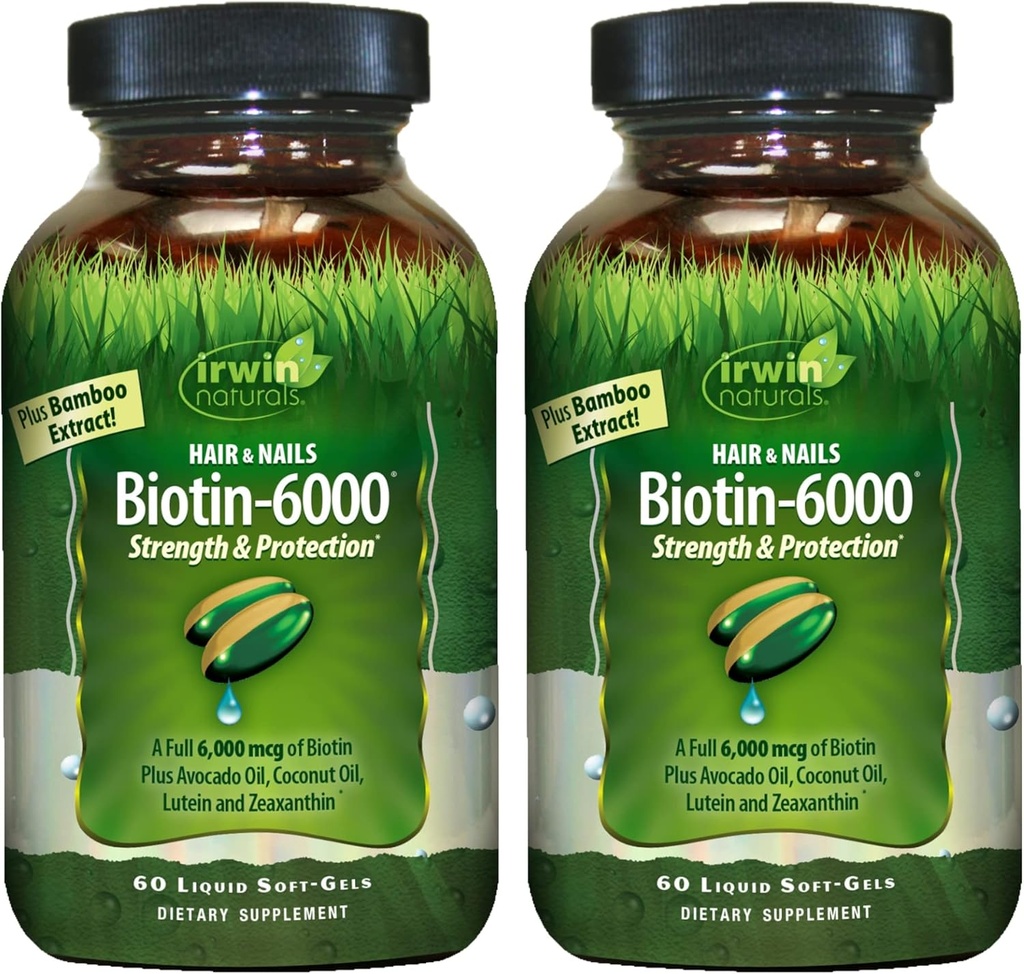 Irwin Naturals Biotin-6000-60 Liquid Soft-Gels, 2 kpl pakkaus - Tukee voimaa ja suojaa hius- ja kynsiltä - avokadoöljy, kookosöljy, luteiini & Zeaksantiini - 60 yhteensä