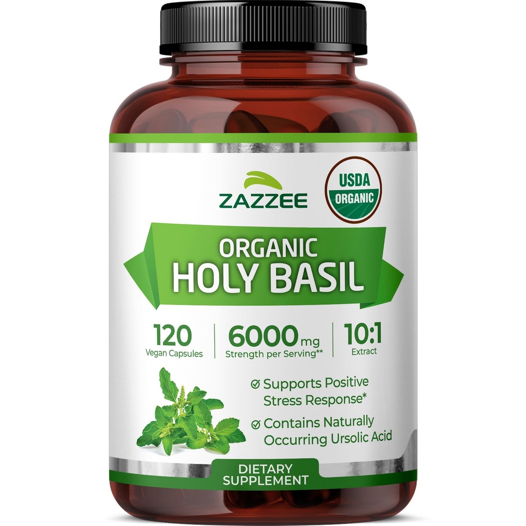 Zazzee USDA Organic Holy Basil 10:1 uute, 6000 mg vahvuus, 120 vegan kapselit, tiivistetty ja standardoitu 10X Tulsi uute, Ursolic Acid, 100% Certified Organic, non-GMO