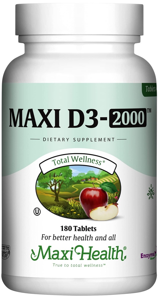 Maxi Health Kosher D3-vitamiini 2000IU - Erittäin imeytyvä D-vitamiinin lisäravinteet terveeseen immuunivasteeseen, kalsiumin imeytymiseen, hampaiden ja luun terveyteen - D3-vitamiini 2000 IU - 180 tablettia