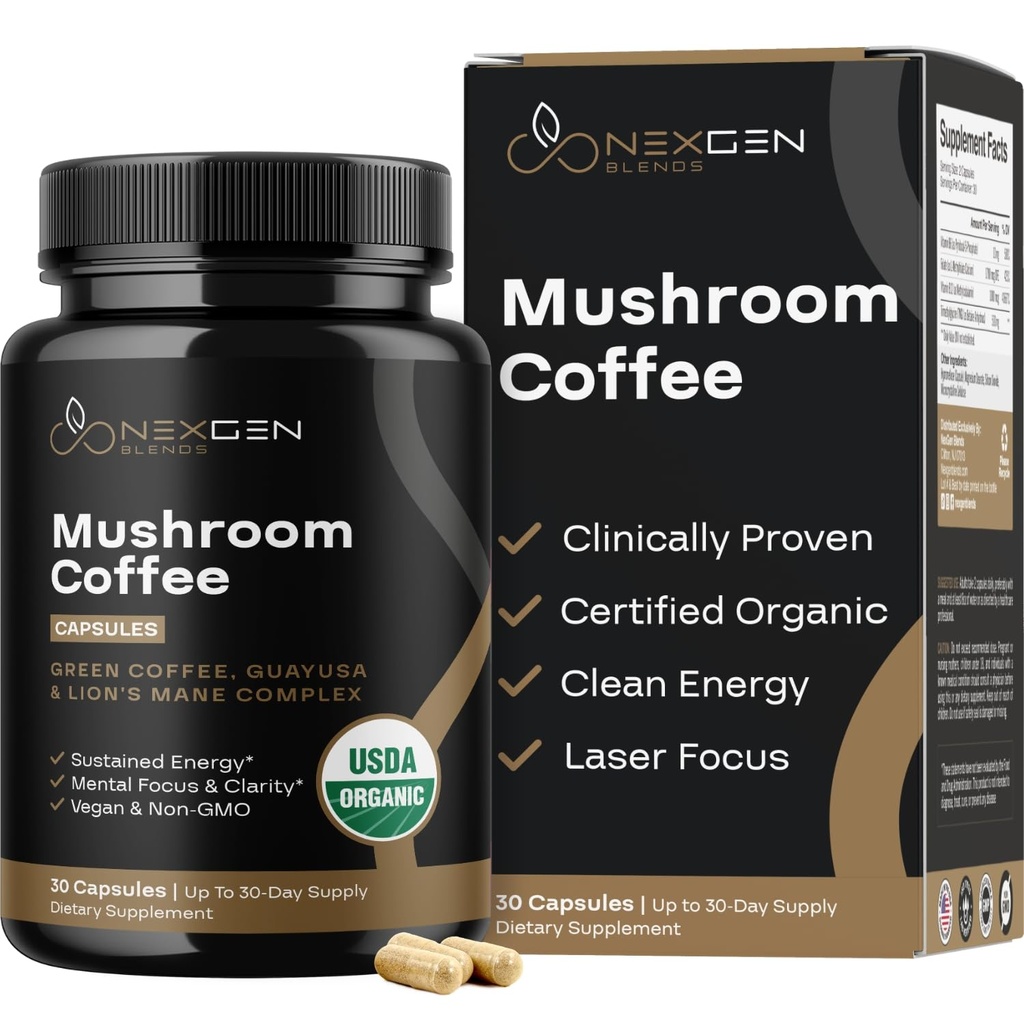 100% Organic Mushroom Coffee Kapselit - Natural Energy Supplement 130mg kofeiini kliinisesti todistettu Green Coffee Bean & Guayusa Otteita Jitter-free Energy & Focus (30 palvelinta)
