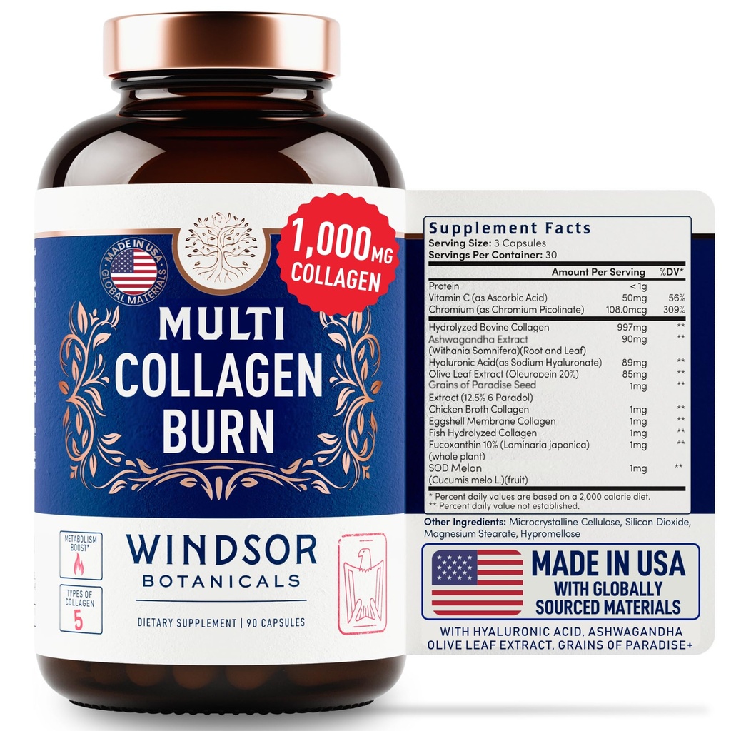 Termogeeninen Multi Collagen Burn Capsules - Hydrolysoitu Multi Collagen Complex Tyypit I, II, III, V, X, Marine Collagen, Hyaluronic Acid - Kauneus ja anti-aging täydentää naisten ja miesten - 90 pillereitä