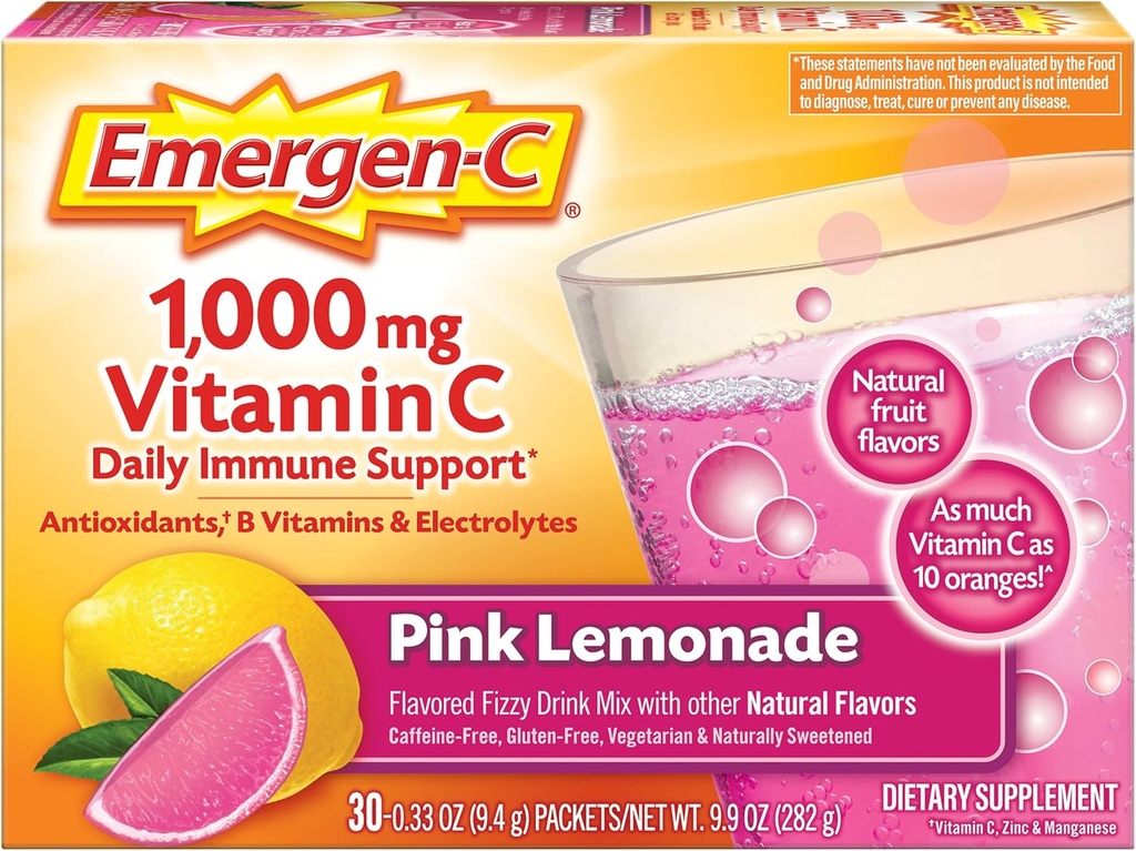 Emergen-C 1000 mg C-vitamiinijauhe, jossa antioksidantteja, B-vitamiinit ja elektrolyyttejä, Immunosupport-lisäaineita, kofeiinitonta Fizy Drink Mix, vaaleanpunaista sitruunaa Maku - 30 Count (pakkaus 12)