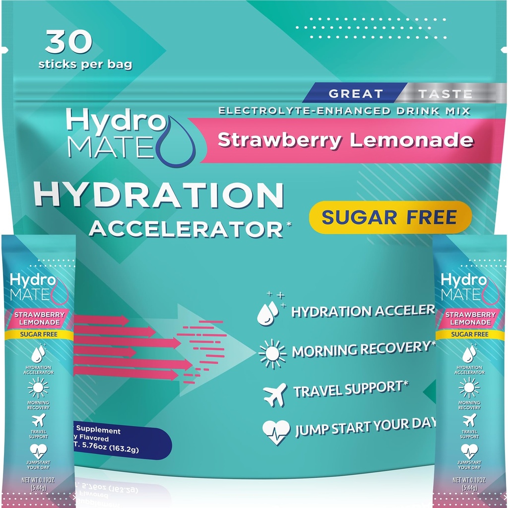Elektrolyyttijauhe Sokeriton nesteytyspakkaus Mansikka sitruunamehu HydroMATE 30 Sticks