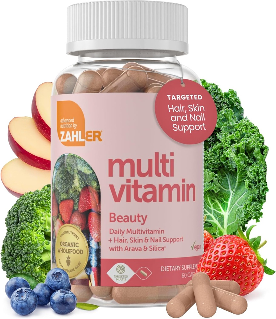 Zahler Monivitamiini Kauneus, Päivittäinen Multivitamiini + Ihokarvat ja kynnet tuki, naisille ja miehille rauta, Certified Kosher, 60 kapselia