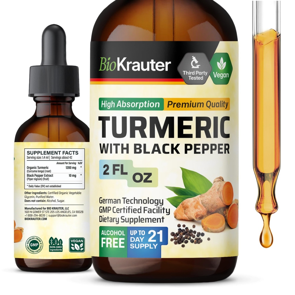 BIO KRAUTER Turmeric Supplement Tincture - 1200 mg Turmeeric Curcumin Black Pepper Extract - Alkoholi ja sokeriton - Vegan Drops 2 Fl.Oz.